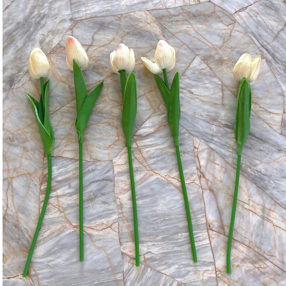 5 Piece Artificial Tulip Stems Cream Pink Faux Silk Flowers Spring Home Decor